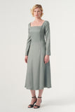 The Square-Neck Long-Sleeve Scroll Tea-Length Soft Woven Dress