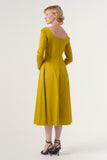 The Square-Neck Long-Sleeve Scroll Tea-Length Soft Woven Dress