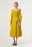 The Square-Neck Long-Sleeve Scroll Tea-Length Soft Woven Dress