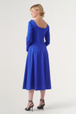 The Square-Neck Long-Sleeve Scroll Tea-Length Soft Woven Dress