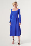 The Square-Neck Long-Sleeve Scroll Tea-Length Soft Woven Dress