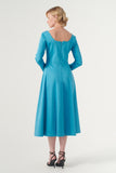 The Square-Neck Long-Sleeve Scroll Tea-Length Soft Woven Dress