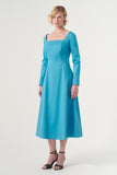 The Square-Neck Long-Sleeve Scroll Tea-Length Soft Woven Dress