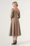The Square-Neck Long-Sleeve Scroll Tea-Length Soft Woven Dress