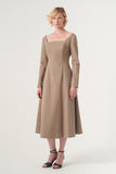 The Square-Neck Long-Sleeve Scroll Tea-Length Soft Woven Dress