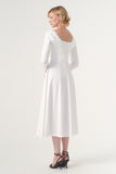 The Square-Neck Long-Sleeve Scroll Tea-Length Soft Woven Dress