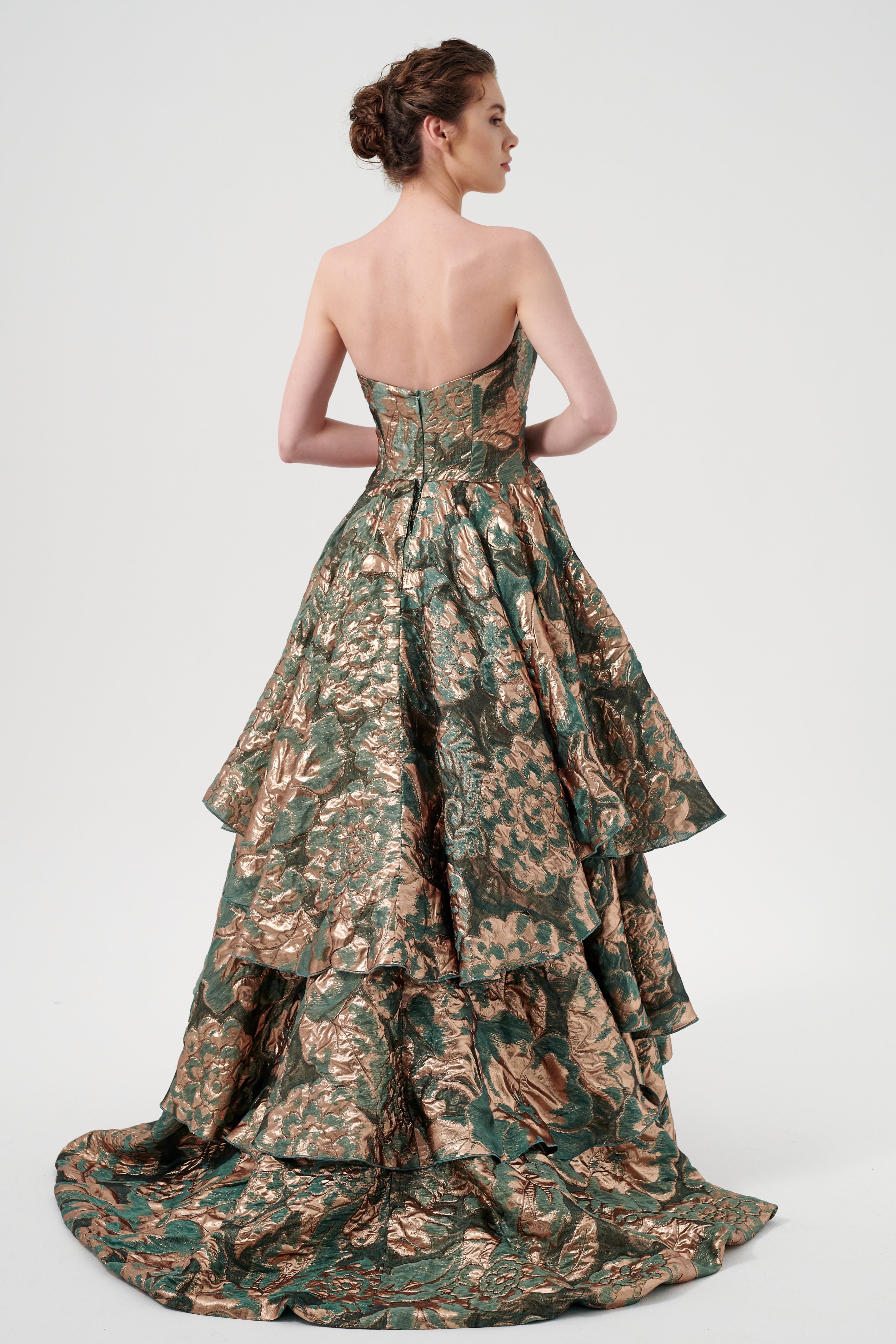 Floral Jacquard Gown With A Strapless Neckline And A High-Low Hem