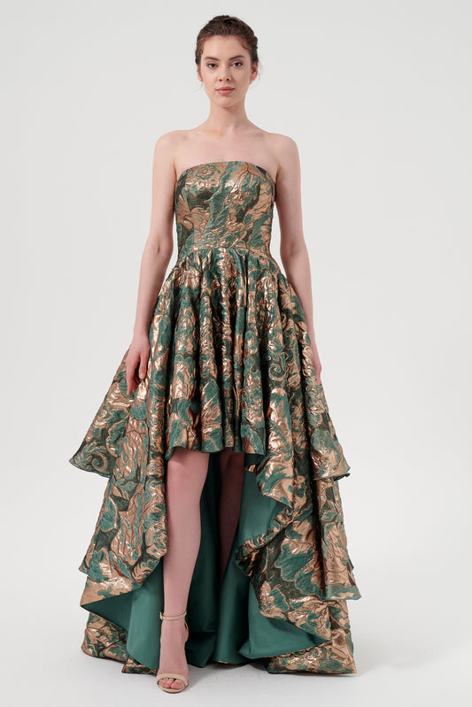 Floral Jacquard Gown With A Strapless Neckline And A High-Low Hem