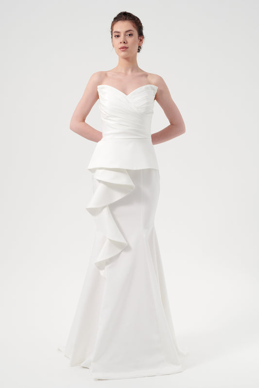 Pleated Strapless Bodice With Peplum Detail Long Mermaid Gown