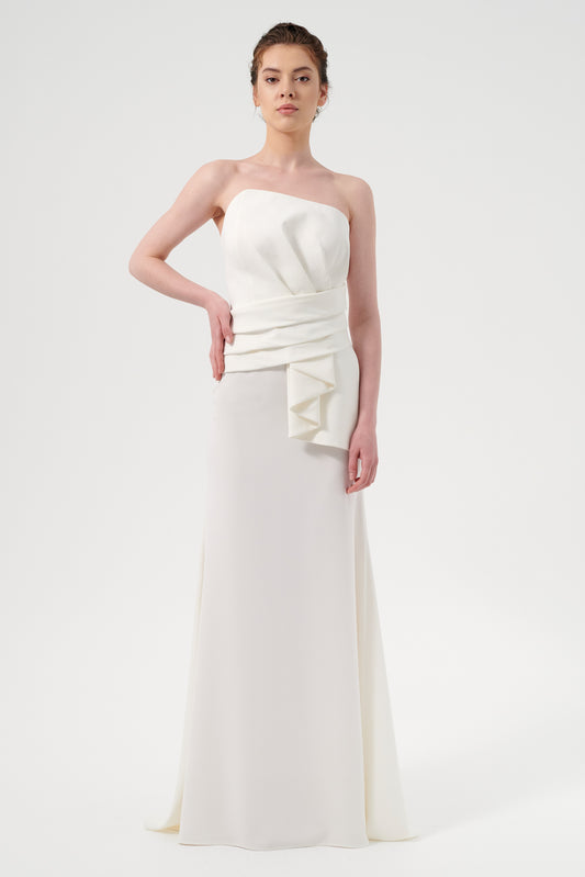 Pleated Strapless Bodice And A Long A-Line Gown