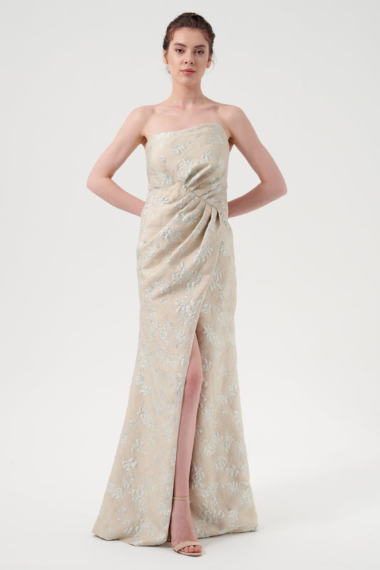 Asymmetric Pleated Strapless Bodice And A Long Column-Wrapped Floral Jacquard Gown