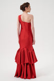 One Sleeve Pleated Bodice With Layered Hem Detail Mermaid Gown