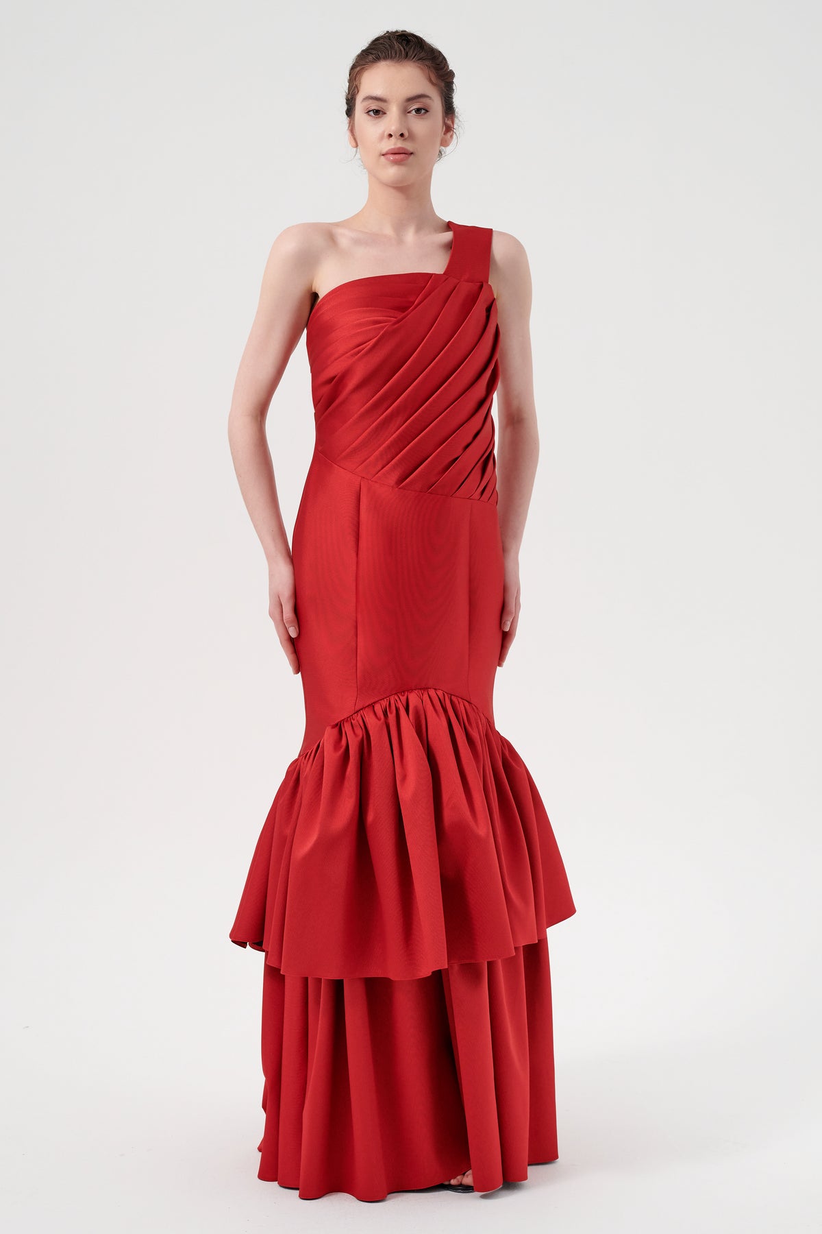 One Sleeve Pleated Bodice With Layered Hem Detail Mermaid Gown