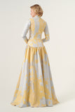 High neck, long sleeve floor length patterned brocade dress