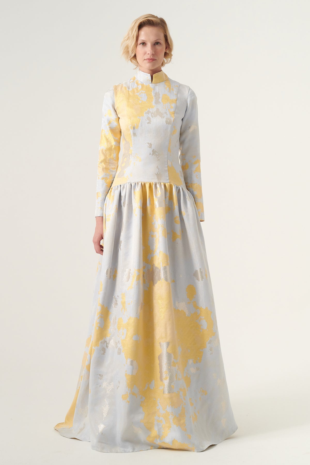 High neck, long sleeve floor length patterned brocade dress Navy High neck, long sleeve floor length patterned brocade dress Navy
