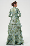 High Neckline, Long Sleeves, And Layered Fluffy Hem Detail Two-Tone Floral Print Jacquard Gown