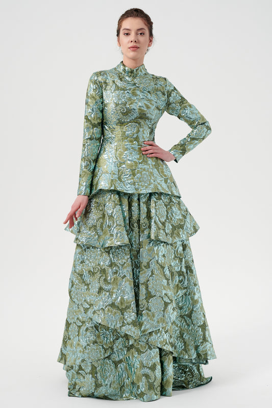 High Neckline, Long Sleeves, And Layered Fluffy Hem Detail Two-Tone Floral Print Jacquard Gown