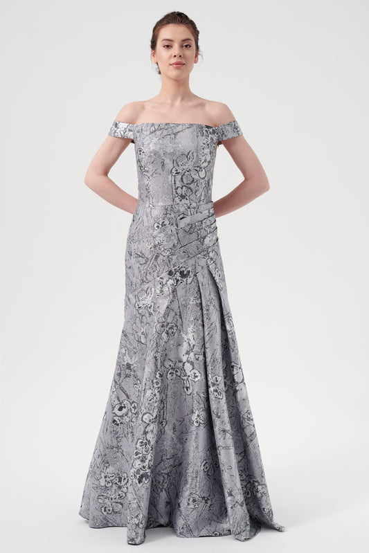 Off-The-Shoulder Neckline And An Asymmetrical Pleated Hip Detail Long Dress