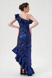 One Shoulder Neckline Frilly Asymmetric Hem And Neckline Detail Floral Metallic Jacquard Dress