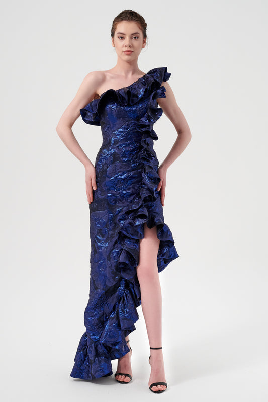 One Shoulder Neckline Frilly Asymmetric Hem And Neckline Detail Floral Metallic Jacquard Dress