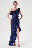 One Shoulder Neckline Frilly Asymmetric Hem And Neckline Detail Floral Metallic Jacquard Dress