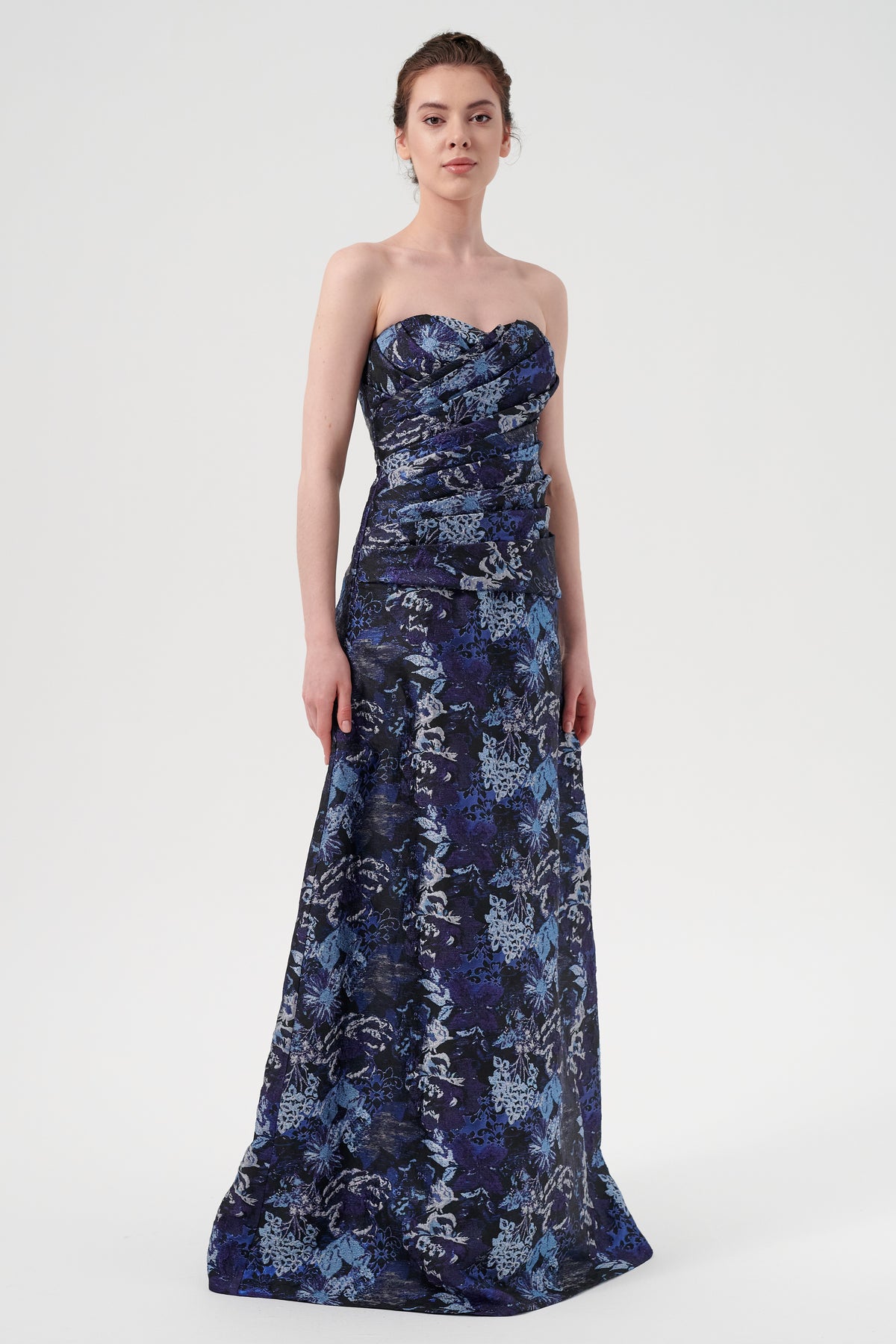 Sweetheart Strapless Neckline Pleated Bodice A-Line Floral Metallic Jacquard Dress