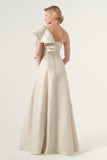 Sweetheart neckline with one-sleeve design and frills detail long gown