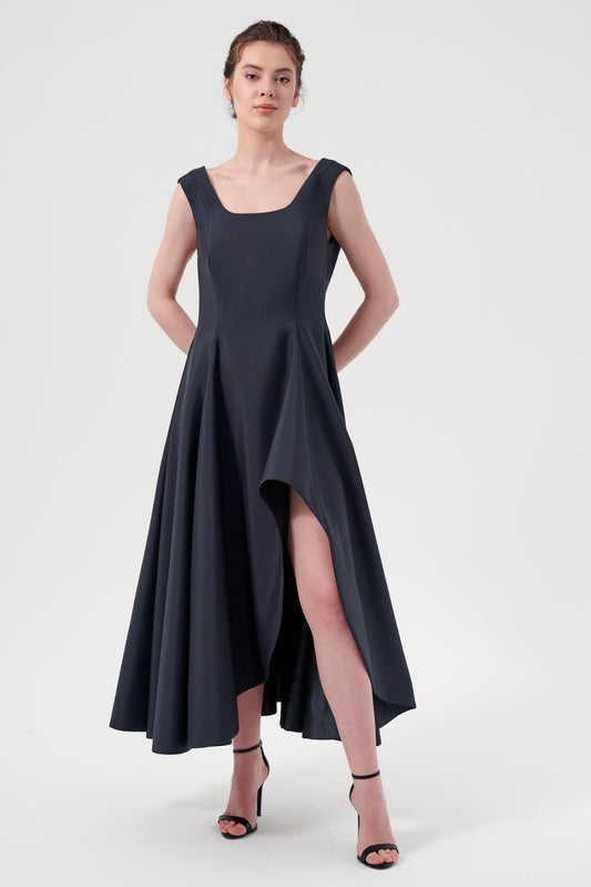 Scoop Neck, Open Back, Asymmetric Hem With  Slit Detail Fit And Flare Midi Length Dress