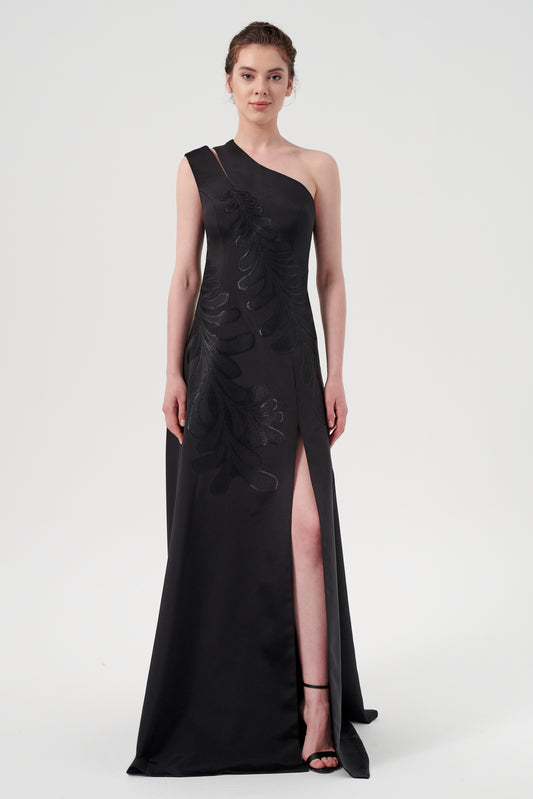 Black applique detail one shoulder discount cut out maxi dress