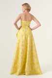 TEXTURED METALLIC JACQUARD STRAPLESS FLOOR-LENGTH DRESS
