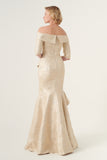 Folded  off-the-shoulder neckline and elbow-length sleeve with frill panel detail long dress