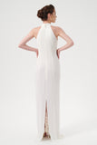 High Neck Ankle-Grazing Pencil Skirt With A Center-Back Slit And Floral Appliqués Detail Dress