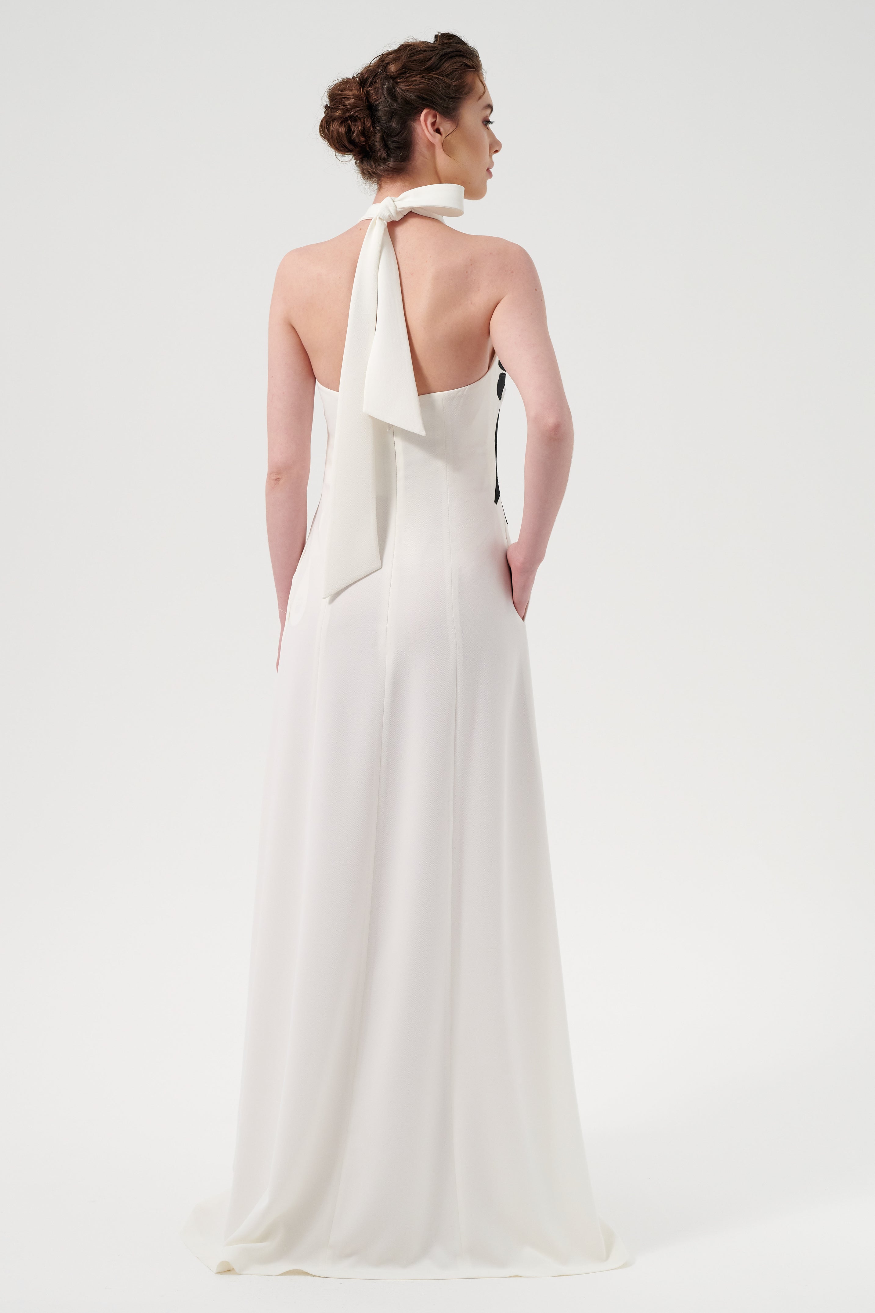 High Halter Neck With An Open-Back Tied Detail A Line Appliqus Detail Long Dress Black High Halter Neck With An Open-Back Tied Detail A Line Appliqus Detail Long Dress Black