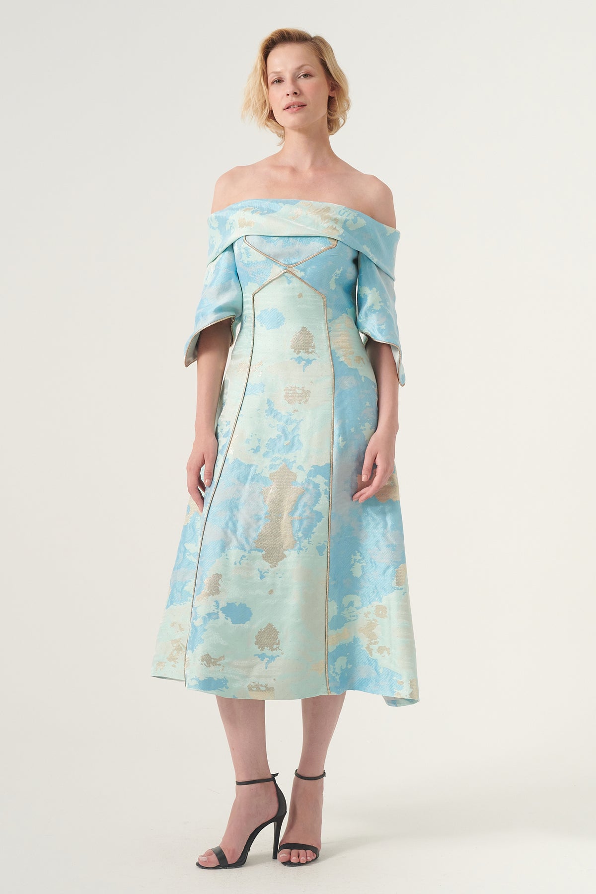 midi jacquard dress with sleeves Danica Jacquard Alessi Puff Sleeve Midi Dress Black / XS by Sugarlips