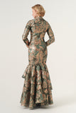 High neckline dramatic drop hem detail long sleeve gown