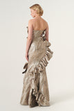 Strapless neckline asymmetric frill panel detail long mermaid gown