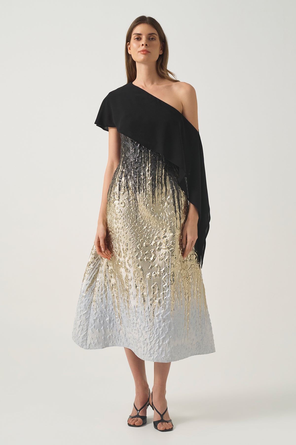 One-Shoulder Gradient Jacquard Midi  Dress