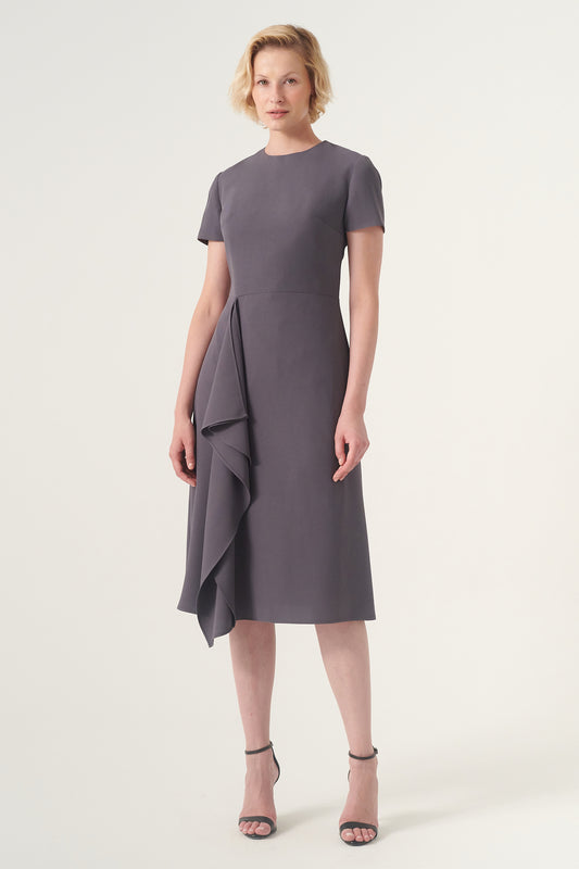 Jewel neckline short-sleeve layered panel detail midi dress