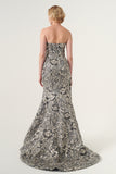 Strapless slim-flare floral jacquard dress