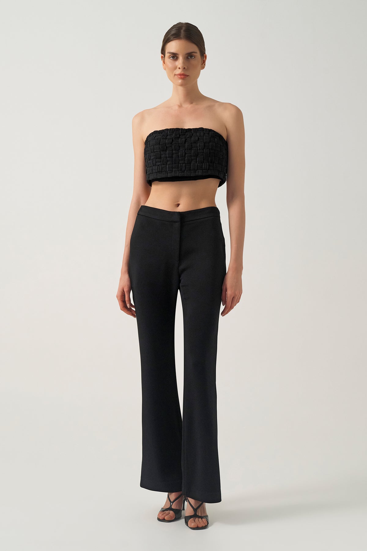 Textured Strapless Bustier With High-Wasted Subtle Flared Trousers