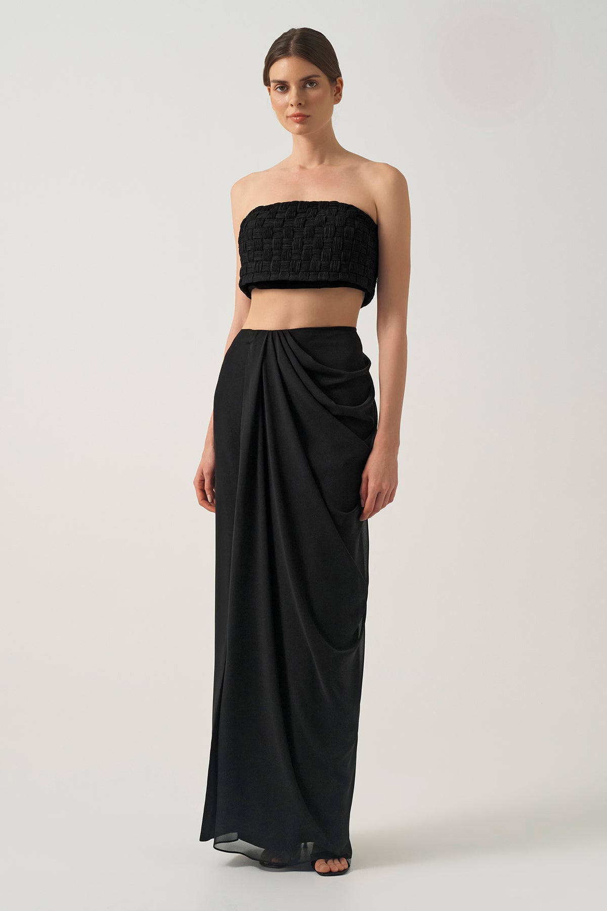 Draped High-Waist Max Skirt with Textured Strapless Bustier