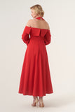 Paneled Cut-Out Shoulder Fit and Flare Ankle length Dress with Long Sleeves
