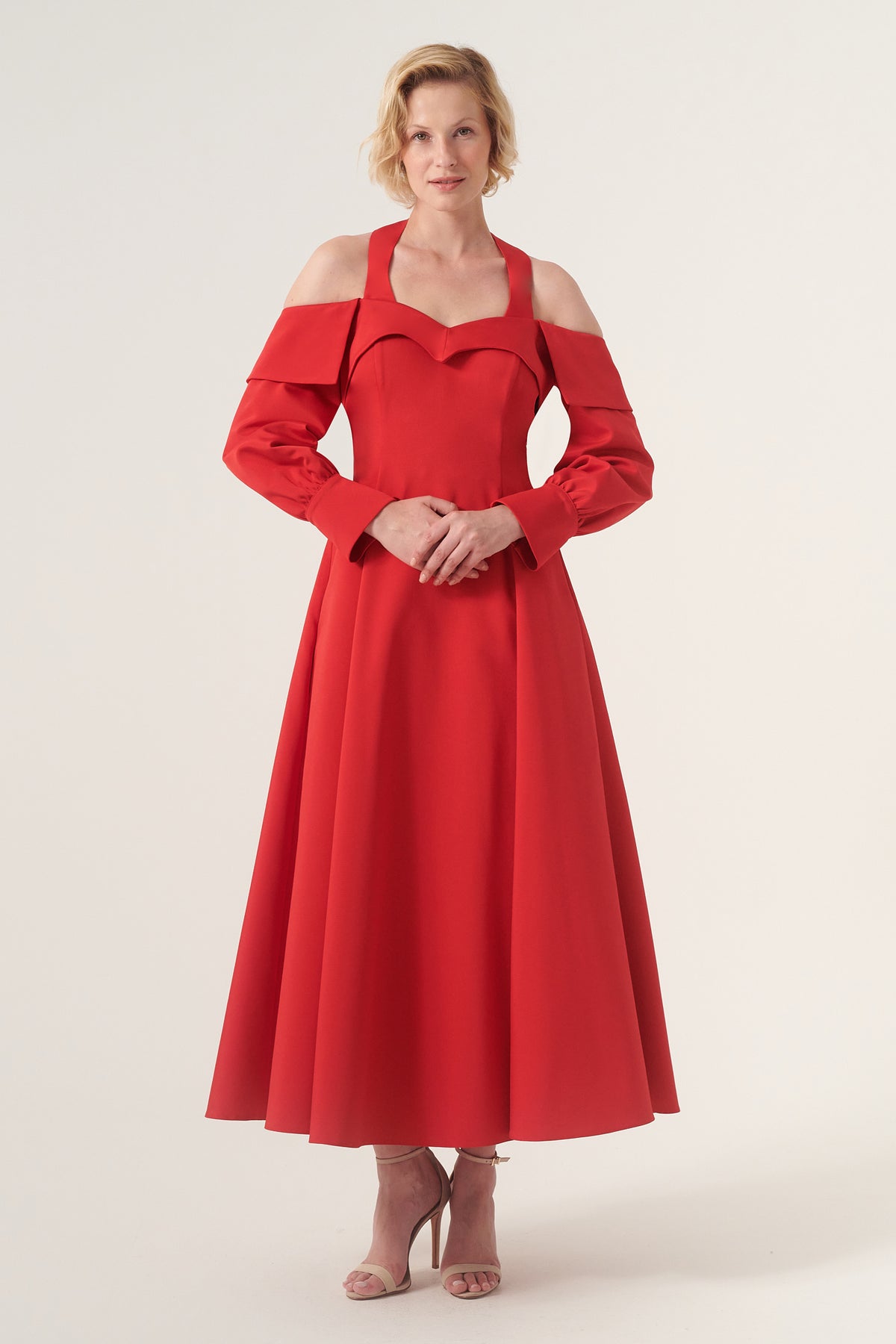 Paneled Cut-Out Shoulder Fit and Flare Ankle length Dress with Long Sleeves