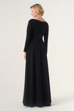 Boat neckline long-sleeved  three-dimensional floral long gown