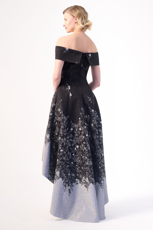 structured neckline off-shoulder high-low Gown
