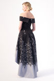 structured neckline off-shoulder high-low Gown