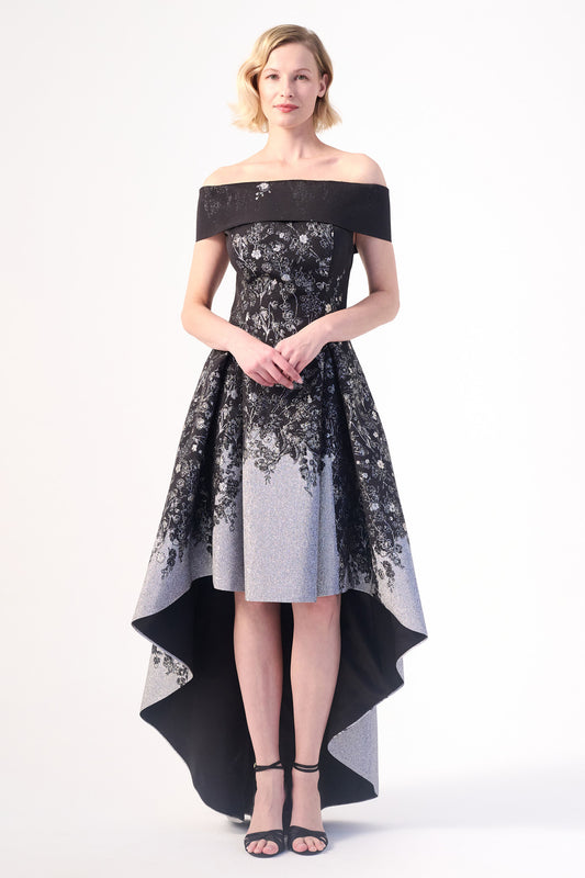 structured neckline off-shoulder high-low Gown