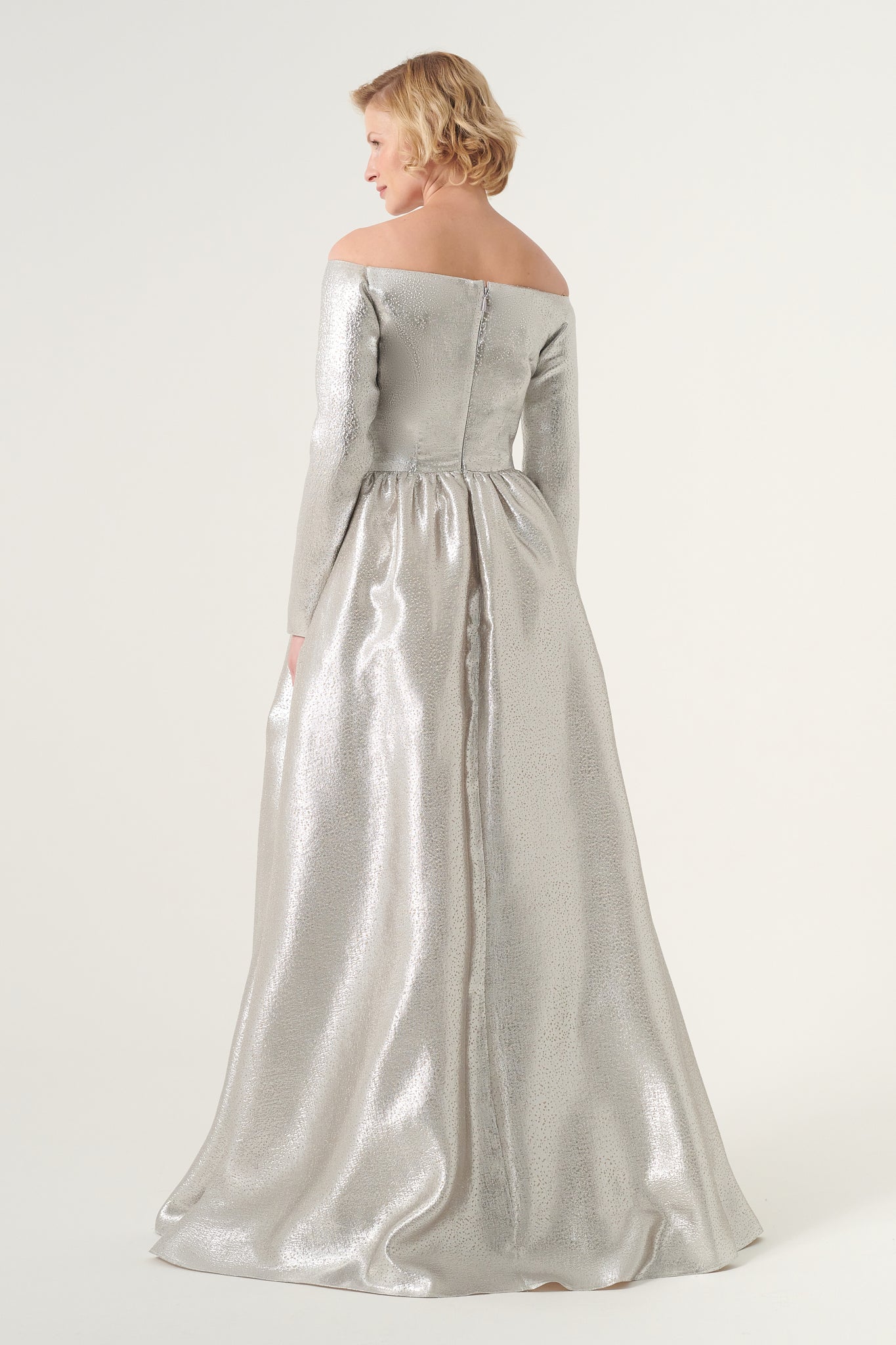 Off-the-shoulder long sleeve floor length jacquard dress White