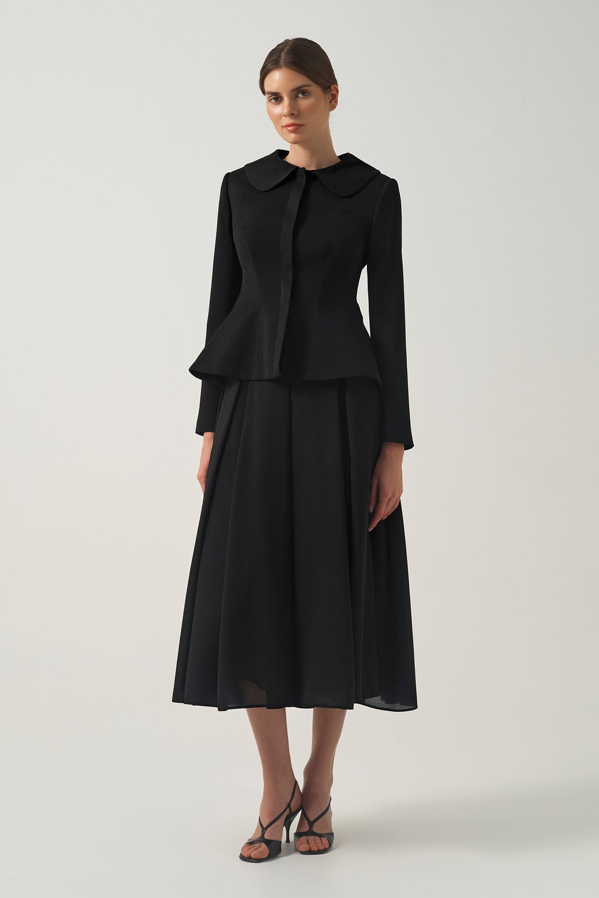 Round-Collar Peplum Jacket with Structured Pleated A-Line Midi Skirt