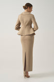 Round-Collar Peplum Jacket with High-Waisted Long Skirt with Deep  Back Slit